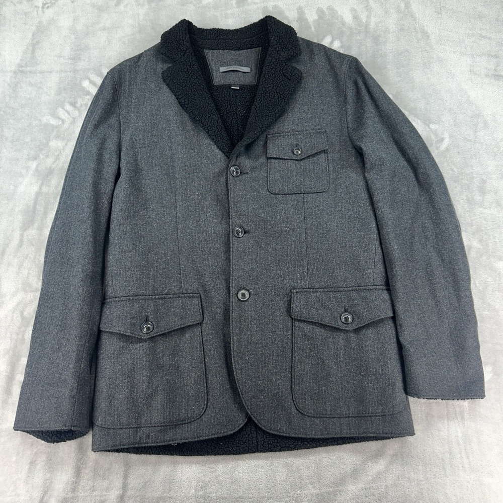 John Varvatos Mens Wool Sherpa Lined 3 Button Blazer Jacket Charcoal Gray Sz 50